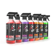 white background image of vp detailing essential bundle which includes pre-wash snow foam wheel cleaner ph neutral shampoo hybrid quick detailer glass cleaner all purpose cleaner