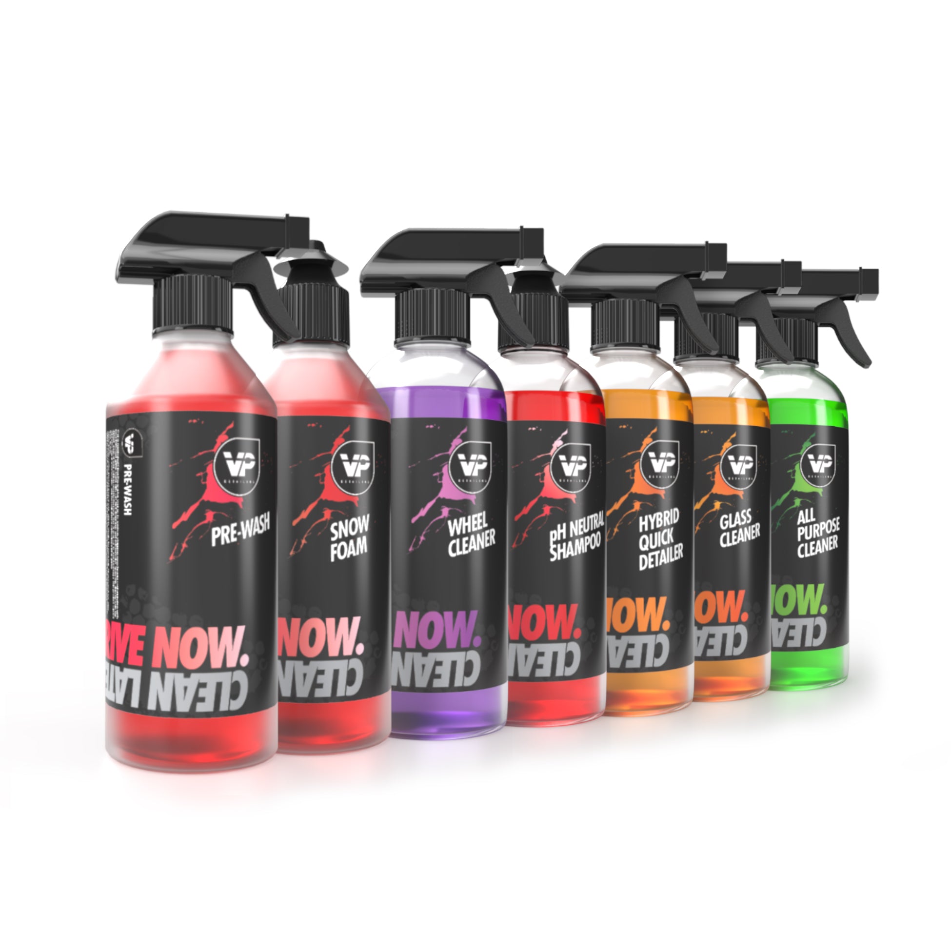 white background image of vp detailing essential bundle which includes pre-wash snow foam wheel cleaner ph neutral shampoo hybrid quick detailer glass cleaner all purpose cleaner