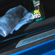 dirty microfibre cloth with vp detailing all purpose cleaner showing after cleaning door sills