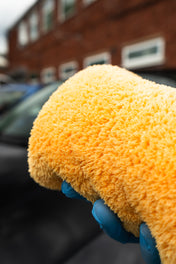 High Quality Yellow Plush Detailing Buffing Cloth in hand