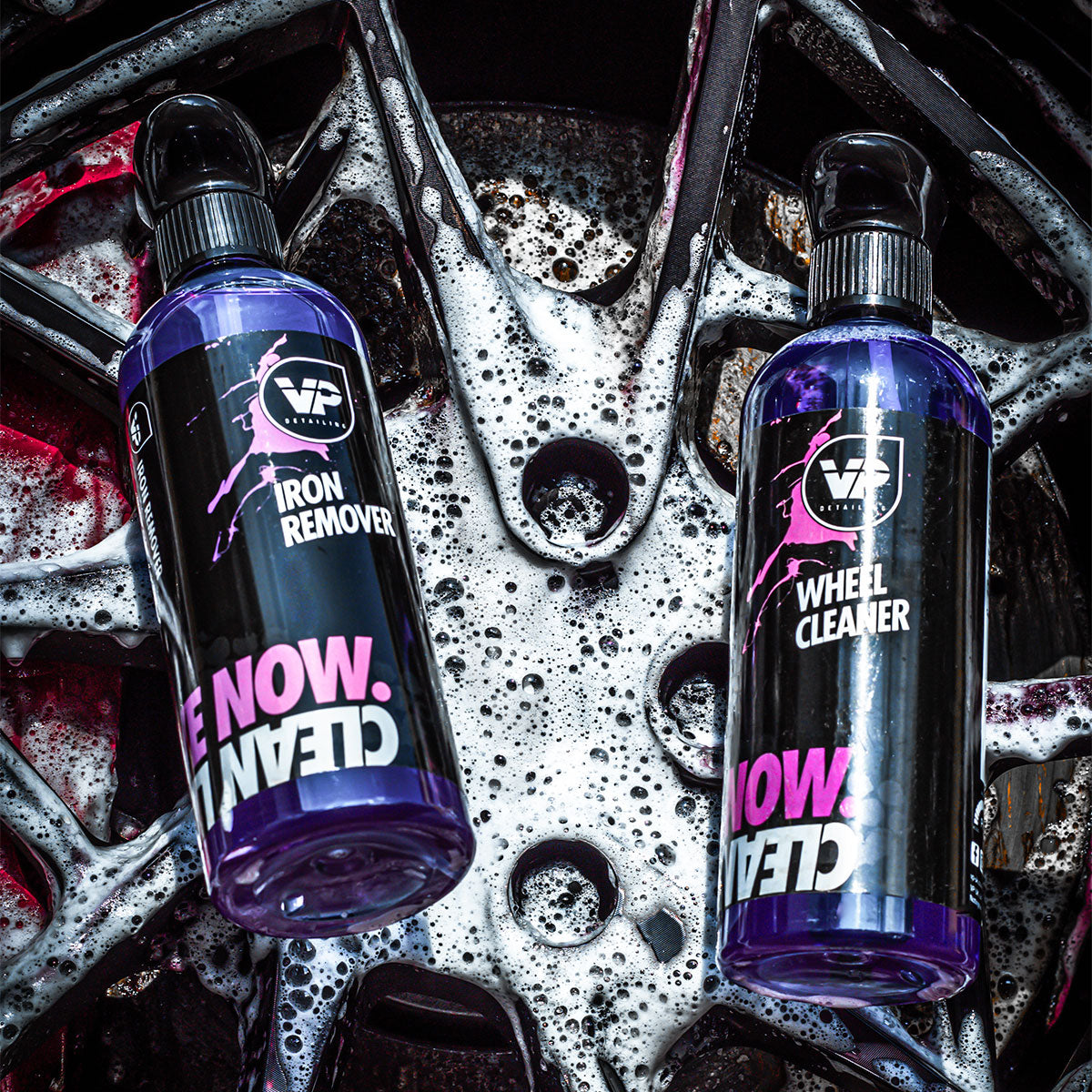 VP Detailing Products wheel cleaning bundle kit iron remover and wheel cleaner hooked on to a soapy wheel being cleaned